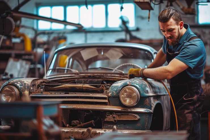 PSD mecánico de automóviles que repara un automóvil viejo en el taller de automóviles servicio de mantenimiento de automóviles