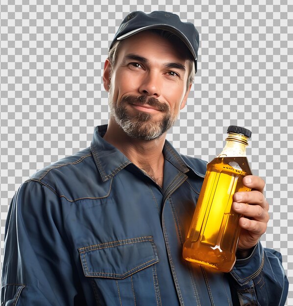 Mecánico de automóviles sosteniendo una botella de aceite de motor sobre un fondo transparente
