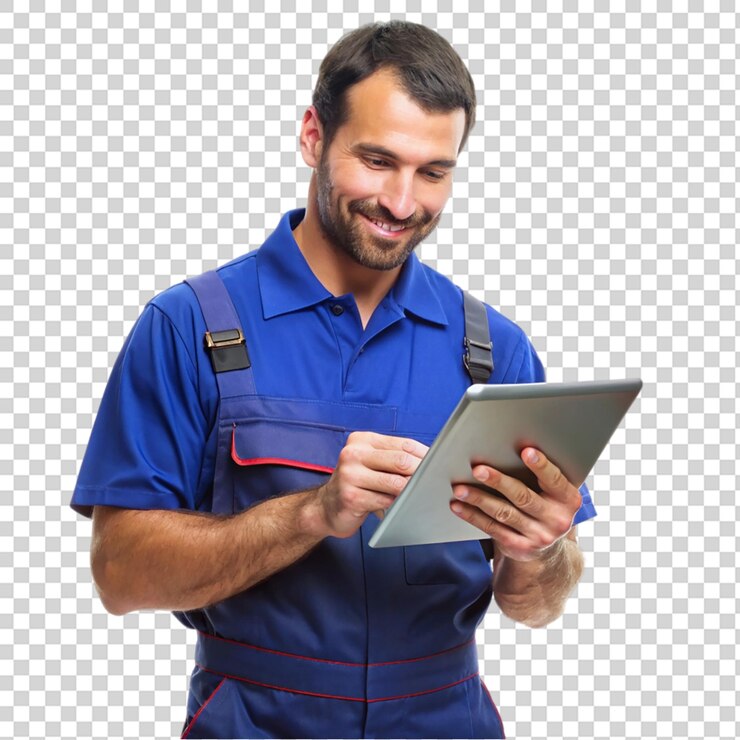 PSD mecánico de automóviles usando una tableta aislada sobre un fondo transparente