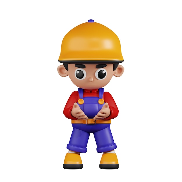 Mecânico de personagem 3D segurando algo em pose