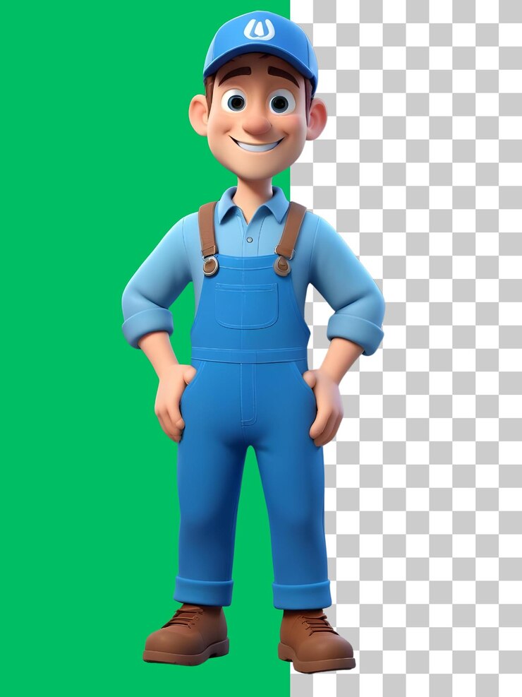 PSD mecánico de dibujos animados sonriente 3d render un mecánico de caricaturas 3d alegre y amigable vestido de azul