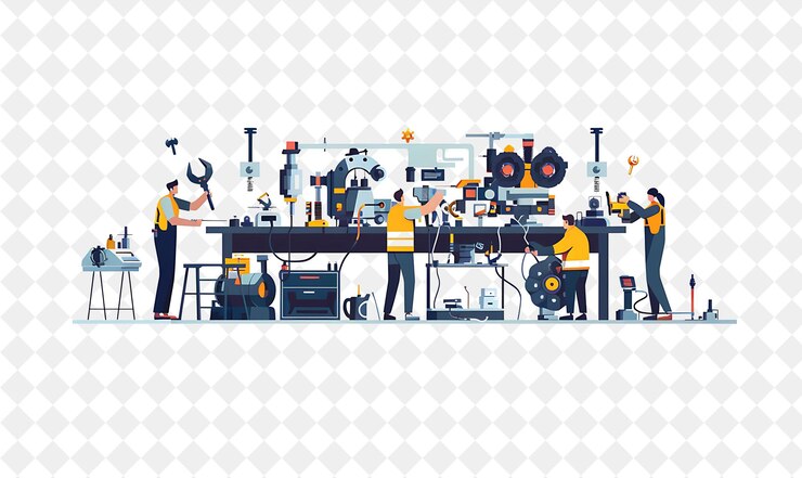 PSD mecânico industrial com personagens consertando motores e pessoas weldi png em ilustração de trabalho diário