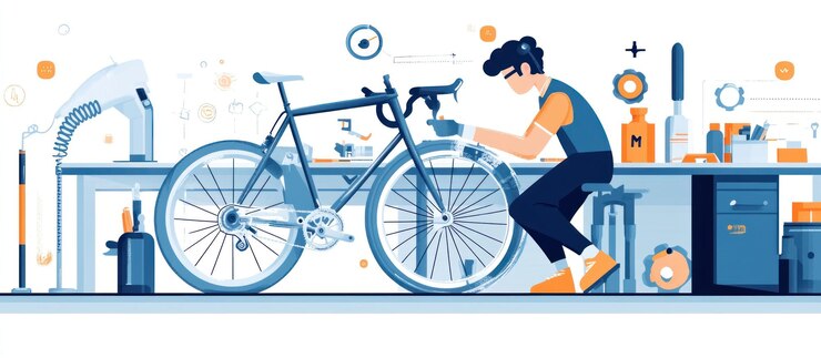 PSD mecánico que repara bicicletas en el taller