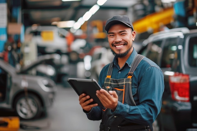 PSD mecânico sorridente usando um tablet digital enquanto está de pé na oficina de carros