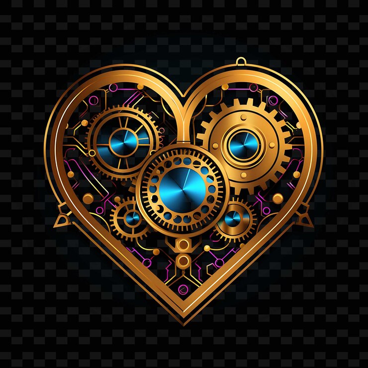 PSD mecánico steampunk líneas de neón brillantes corazones mecánicos png formas y2k artes ligeras transparentes