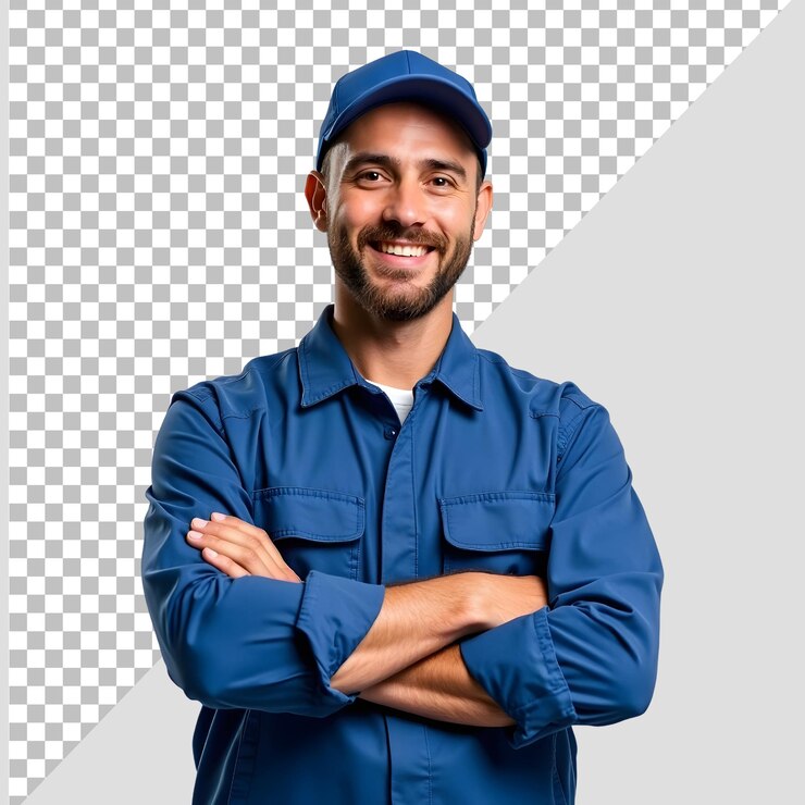 PSD mecánico en uniforme azul en el centro de la imagen