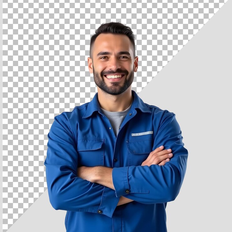 PSD mecánico en uniforme azul en el centro de la imagen