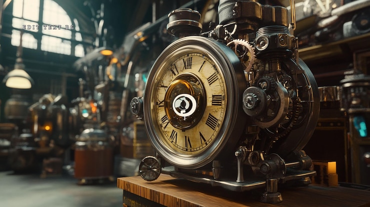 PSD mecanismo de reloj steampunk en superficie de madera en el taller
