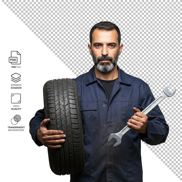 Mechaniker hält Reifen und Schraubenschlüssel