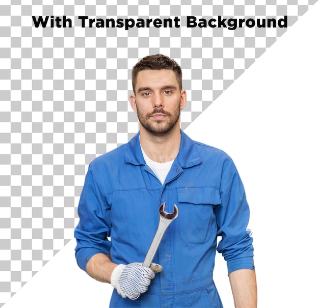 Mechaniker mit Schraubenschlüssel oder Schlüssel in der Hand PNG PSD isoliert auf durchsichtigem Hintergrund