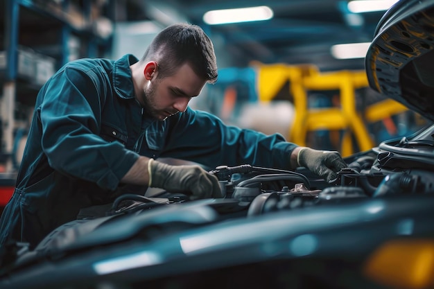 PSD mechaniker überprüft den motor in der werkstatt und konzentriert sich auf die hände