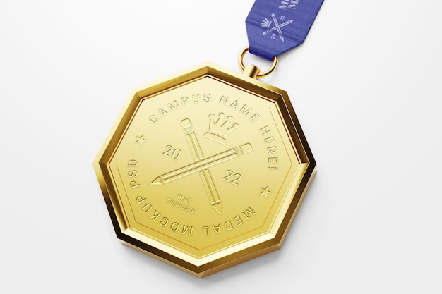 Medalha de ouro de conquista de oito lados com correia de corda modelo realista editável