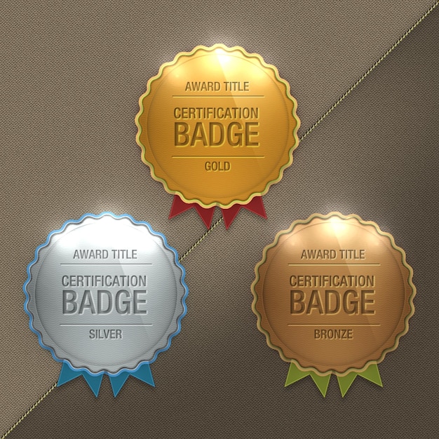 Medalhas de fita em fundo branco Prata dourada e bronze