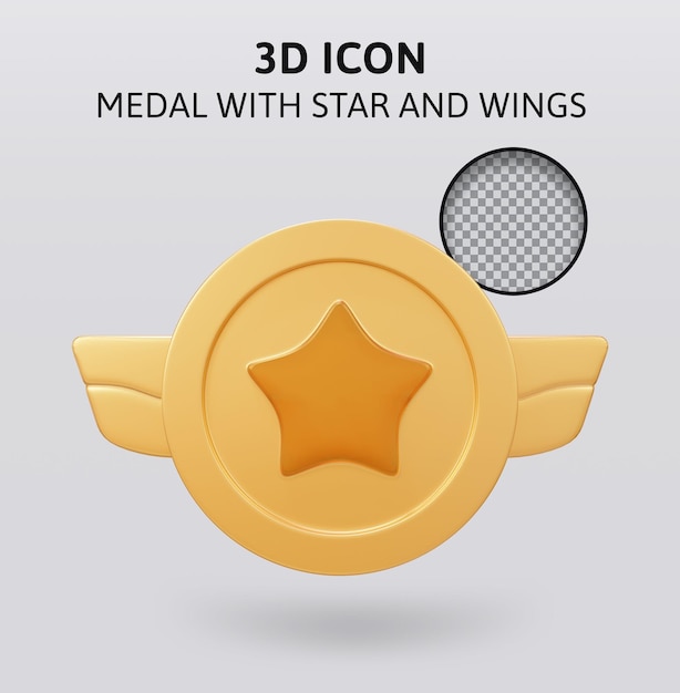 Medalla ganadora con estrella y alas ilustración de renderizado 3d