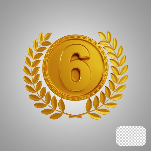 Medalla de oro de bronce número seis renderizado 3d