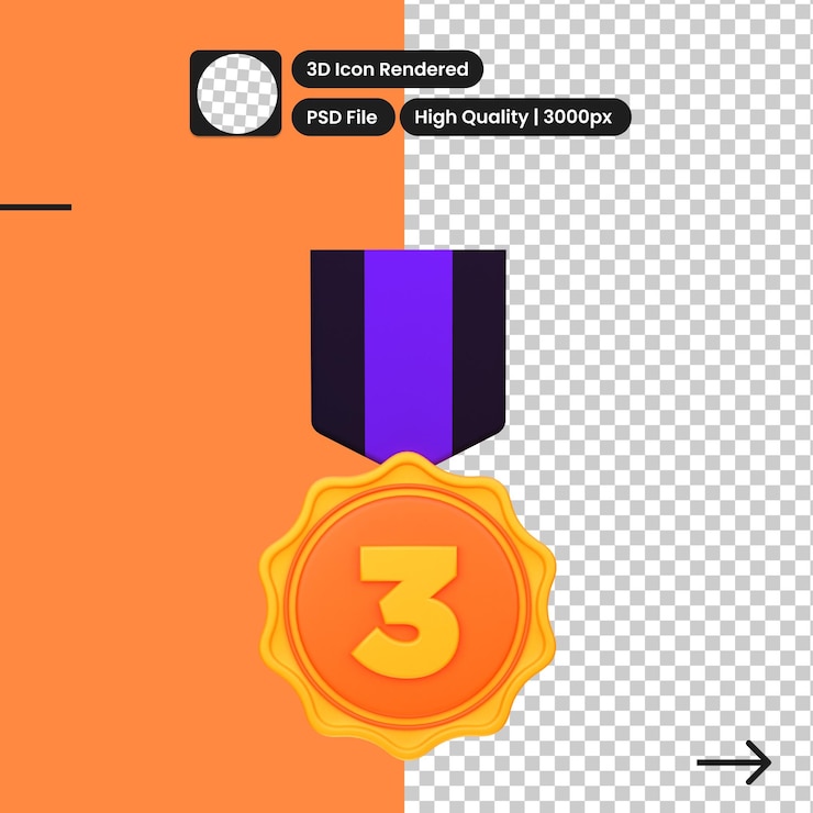 PSD medalla de premio de ilustración 3d con objeto de cinta garantía de calidad medalla de ganador con un número etiqueta de calidad premium concepto de recompensa icono de diseño creativo de dibujos animados aislado en fondo transparente