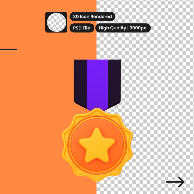 PSD medalla de premio de ilustración 3d con objeto de cinta garantía de calidad medalla de ganador con un número etiqueta de calidad premium concepto de recompensa icono de diseño creativo de dibujos animados aislado en fondo transparente