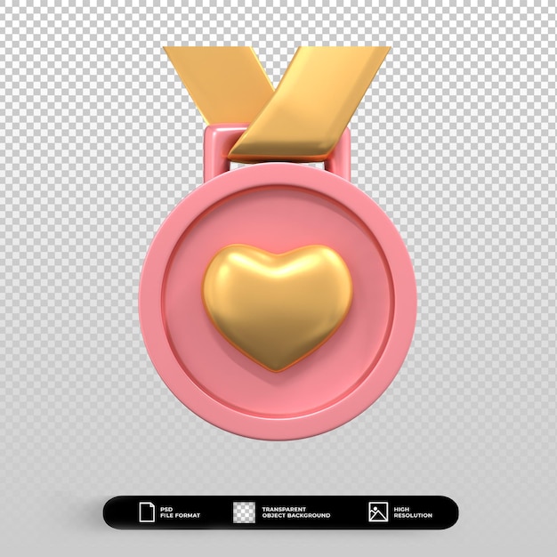 Medalla rosa del día de san valentín 3d con ilustración de icono de corazón de oro aislado
