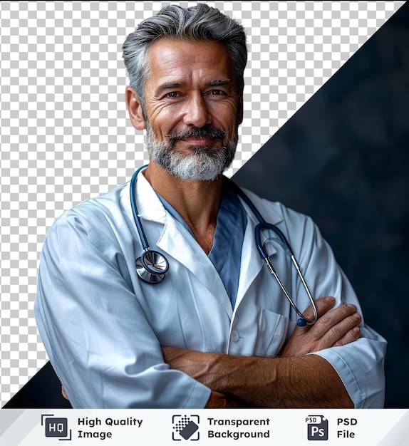 PSD un médecin d'âge moyen aux cheveux gris et à la barbe portant une chemise blanche et bleue croise les bras