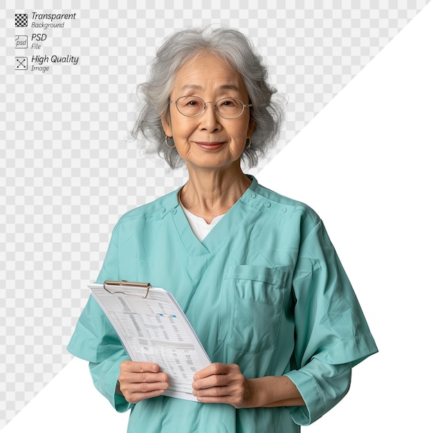 PSD une médecin asiatique âgée avec un bloc-notes sur un fond transparent