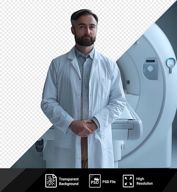 PSD médecin au travail médecin en chemise de laboratoire debout près du scanner d'irm png