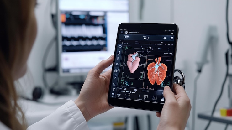 PSD le médecin examine les données cardiaques et pulmonaires des patients sur la tablette