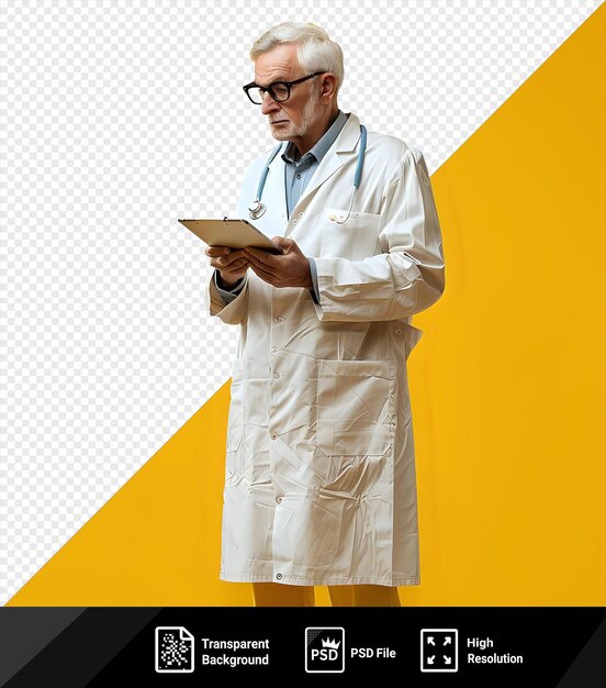 Médecin Masculin Mature Isolé Occupé Au Travail Sur Tablette Portant Des Lunettes Noires Et Des Cheveux Blancs Et Gris Avec Un Mur Jaune En Arrière-plan Et Une Main Visible Au Premier Plan Png Psd