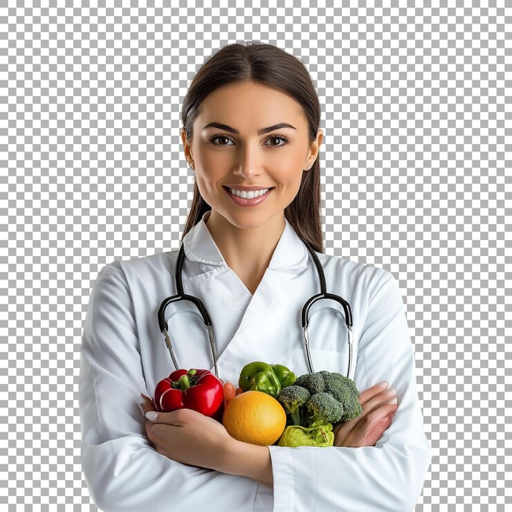 PSD une médecin de png tenant des légumes sur un fond transparent