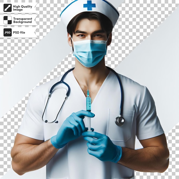 PSD un médecin portant un masque bleu et des gants tient un stéthoscope