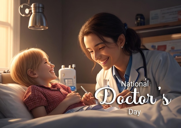 PSD un médecin souriant soigne un enfant malade.