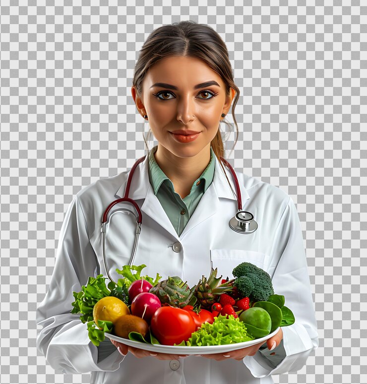 PSD une médecin tenant une assiette de fruits et légumes frais sur un fond transparent
