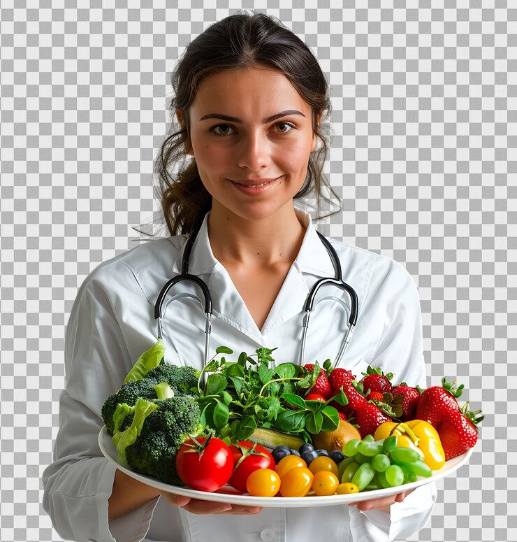 PSD une médecin tenant une assiette de fruits et légumes frais sur un fond transparent