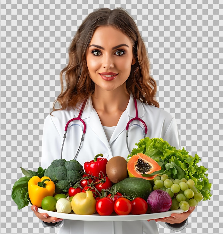 PSD une médecin tenant une assiette de fruits et légumes frais sur un fond transparent