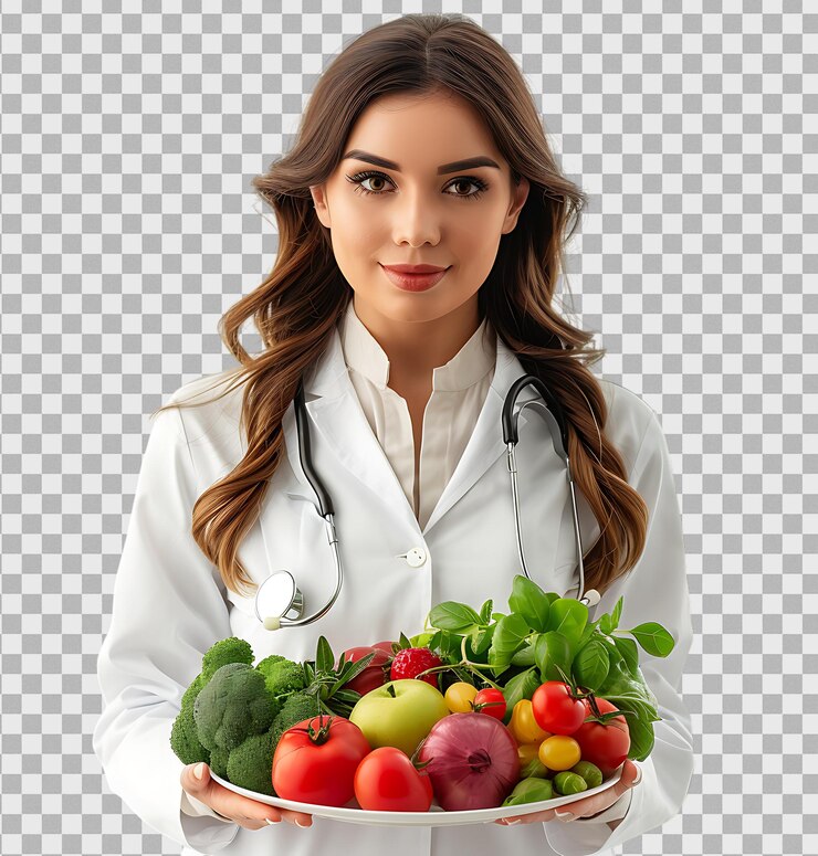 PSD une médecin tenant une assiette de fruits et légumes frais sur un fond transparent