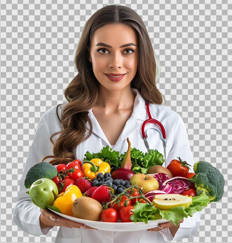 PSD une médecin tenant une assiette de fruits et légumes frais sur un fond transparent