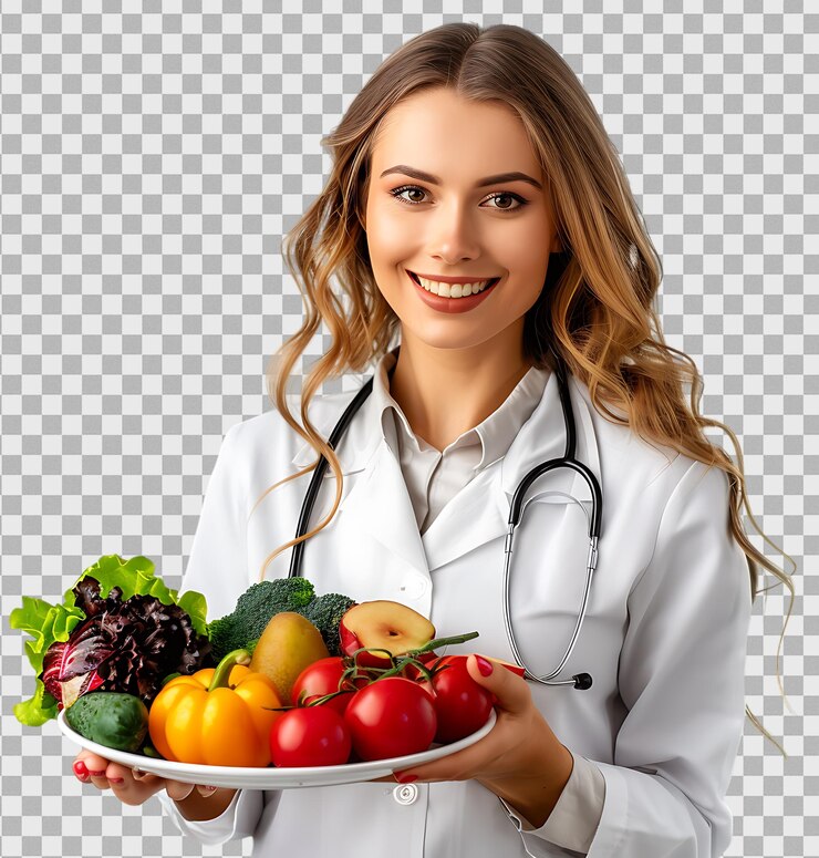 PSD une médecin tenant une assiette de fruits et légumes frais sur un fond transparent