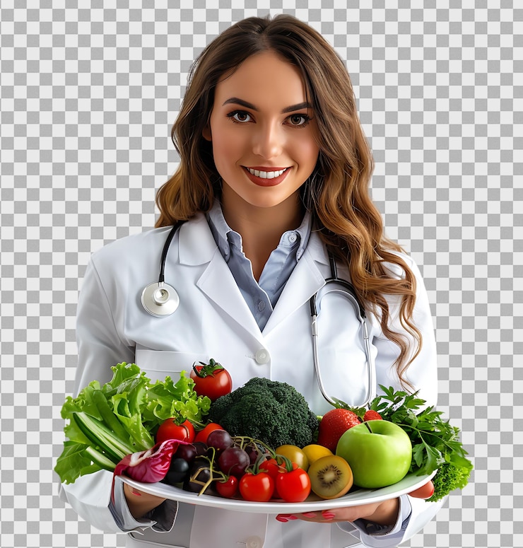 PSD une médecin tenant une assiette de fruits et légumes frais sur un fond transparent