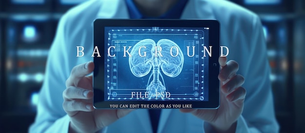 PSD un médecin tenant une tablette montrant une technologie futuriste et l'anatomie du cerveau humain