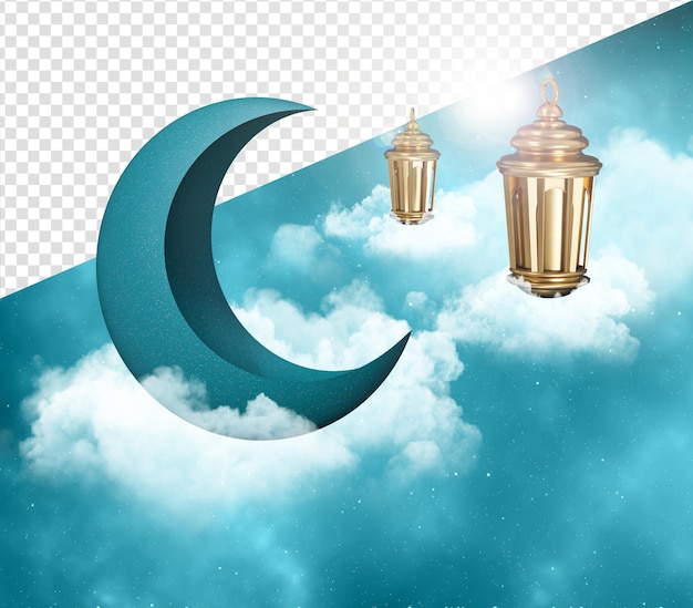 Media luna islámica con linterna para Ramadan Kareem Half Moon Golden Lamp 3d ilustración diseño
