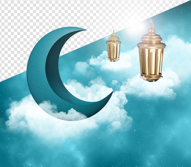 Media luna islámica con linterna para ramadan kareem half moon golden lamp 3d ilustración diseño