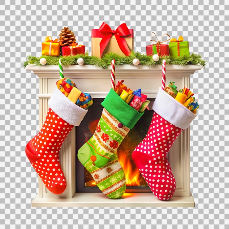 PSD medias de colores colgando la chimenea llena de pequeños regalos y dulces de fondo transparente