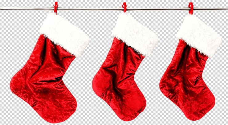 PSD medias de navidad de terciopelo rojo con adornos de piel blanca decoración festiva de vacaciones