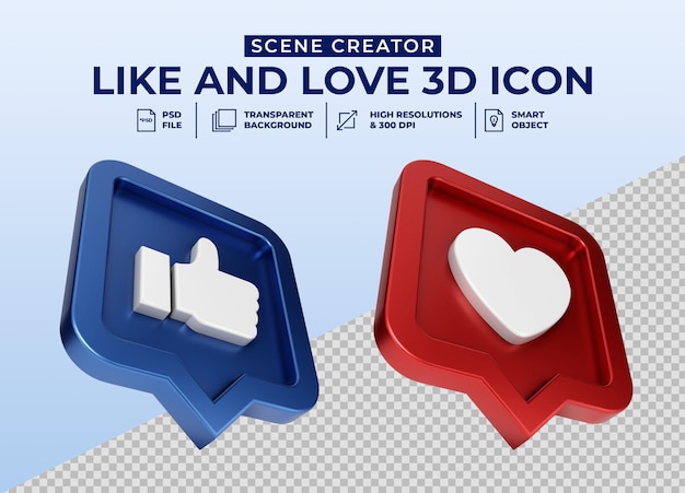 Les Médias Sociaux Aiment Et Aiment L'insigne D'icône De Bouton 3d Minimaliste