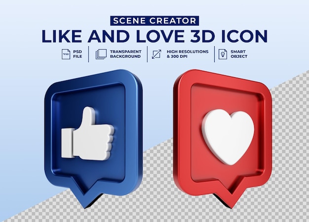 Les Médias Sociaux Aiment Et Aiment L'insigne D'icône De Bouton 3d Minimaliste