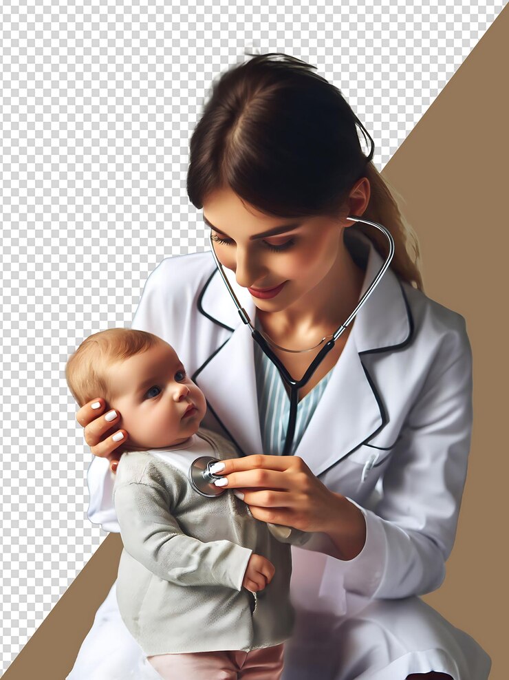 PSD médica a verificar os batimentos cardíacos de um bebé
