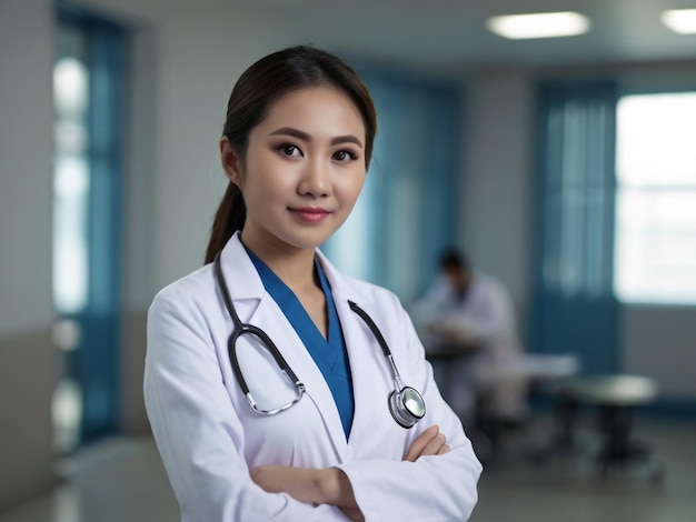 Médica asiática usa estetoscópio de jaleco médico branco uniforme azul e olha para a câmera