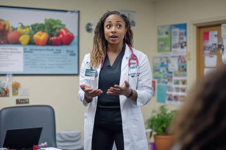 PSD médica haciendo una presentación en un consultorio médico