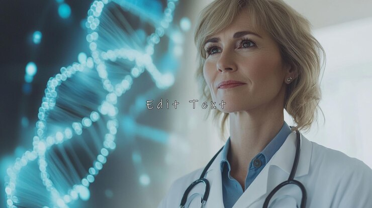 PSD médica pensativa con antecedentes de hélice de adn