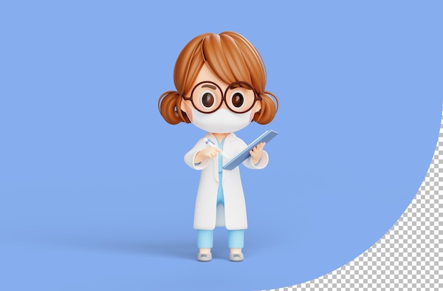 Médica segurando a prancheta da lista de verificação e personagem de desenho animado de ilustração 3d de caneta