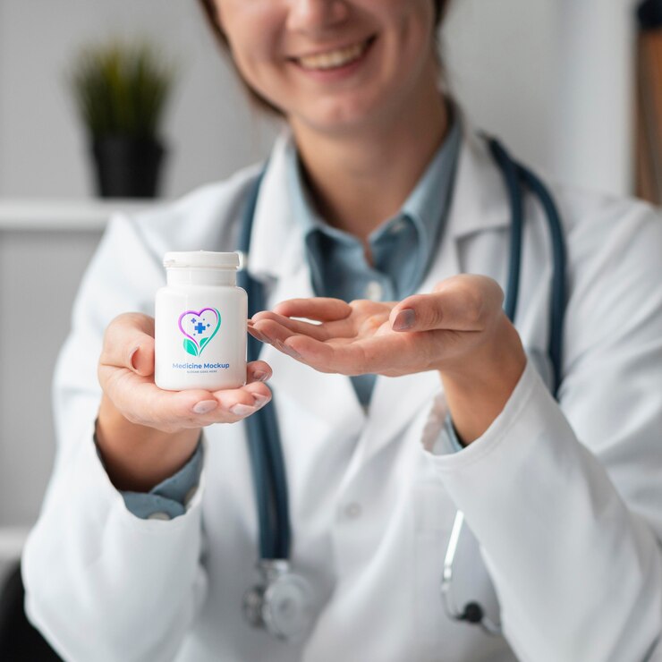 PSD médica segurando um frasco de remédio mock-up